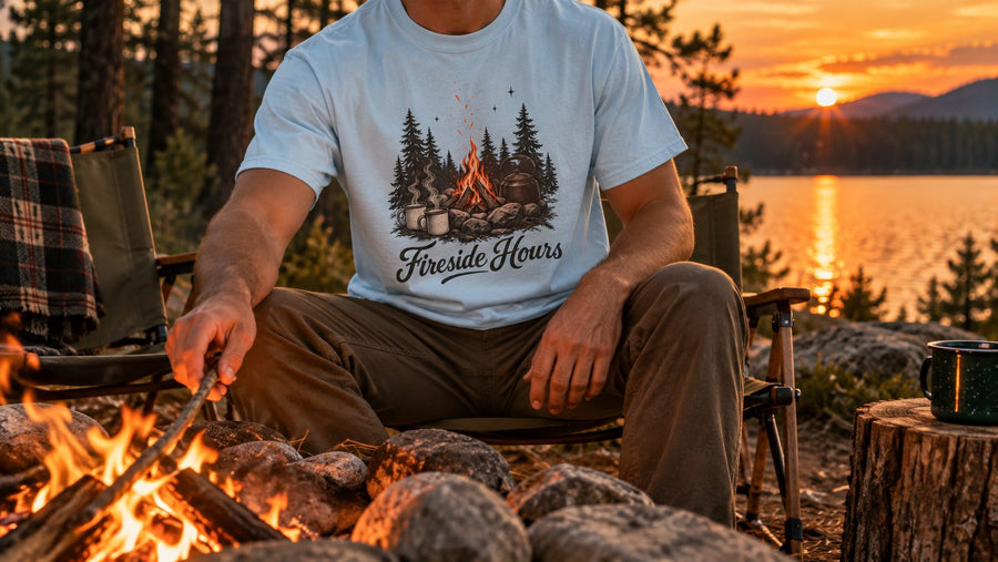 Man in a light blue Fireside Hours tee sitting by a campfire at a lakeside campsite at sunset