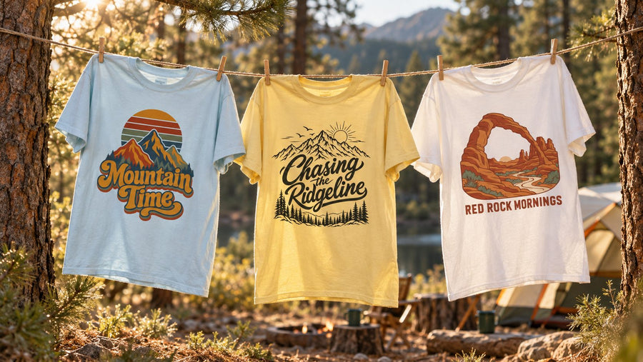 Mountain Time, Chasing the Ridgeline and Red Rock Mornings tees drying on a clothesline at a forest campsite