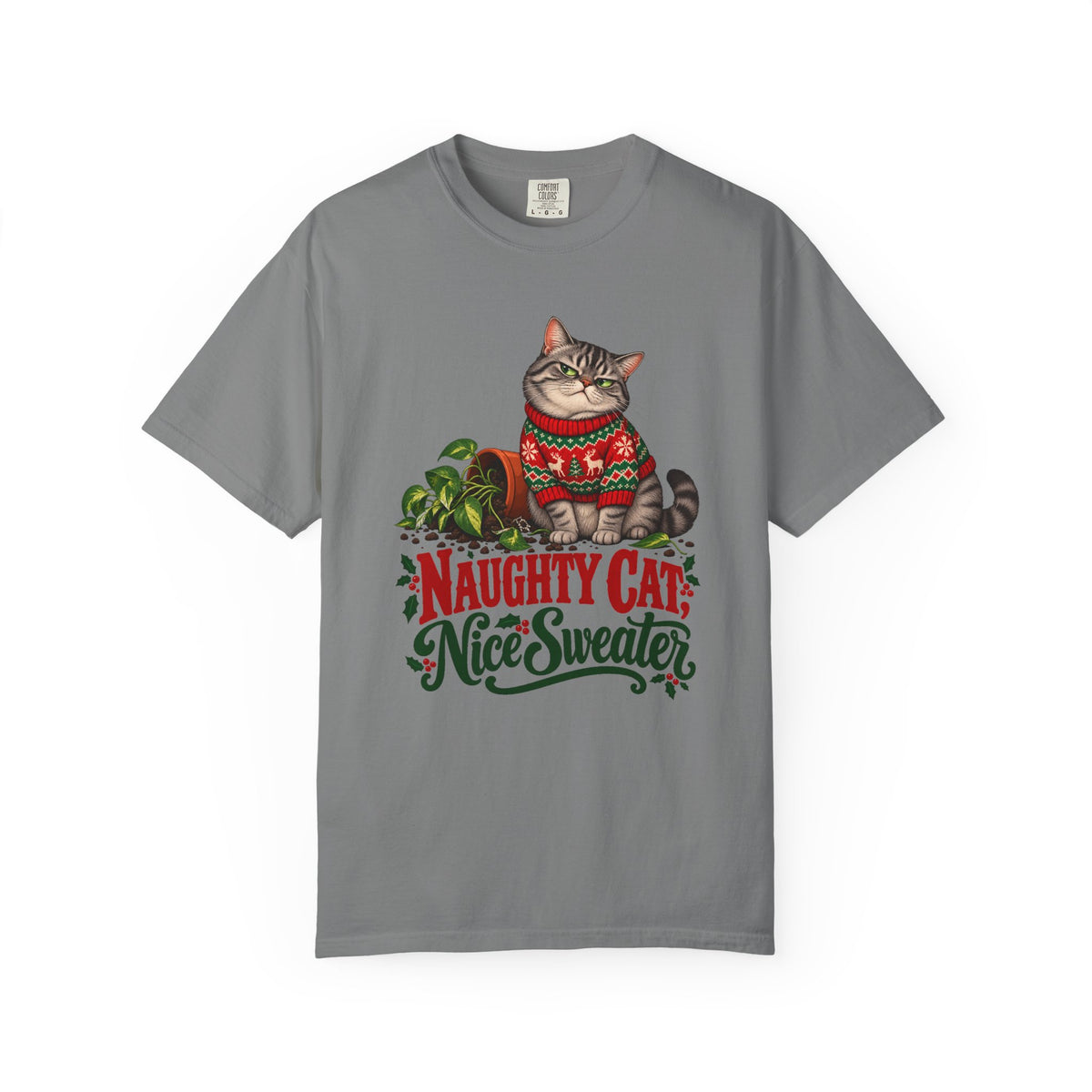 Naughty Cat, Nice Sweater T-Shirt – Grey