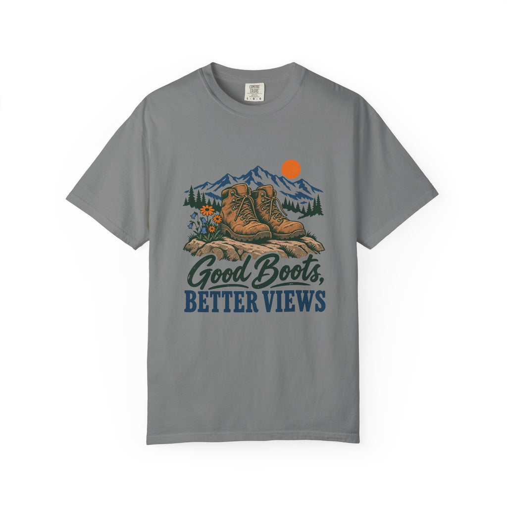 Good Boots, Better Views T-Shirt – Grey