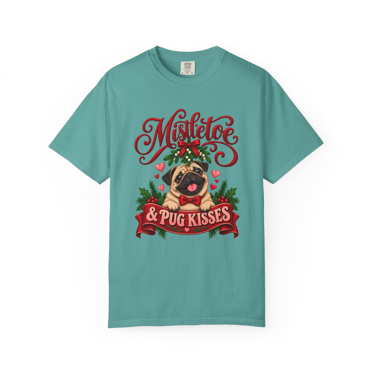 Mistletoe & Pug Kisses T-Shirt – Seafoam