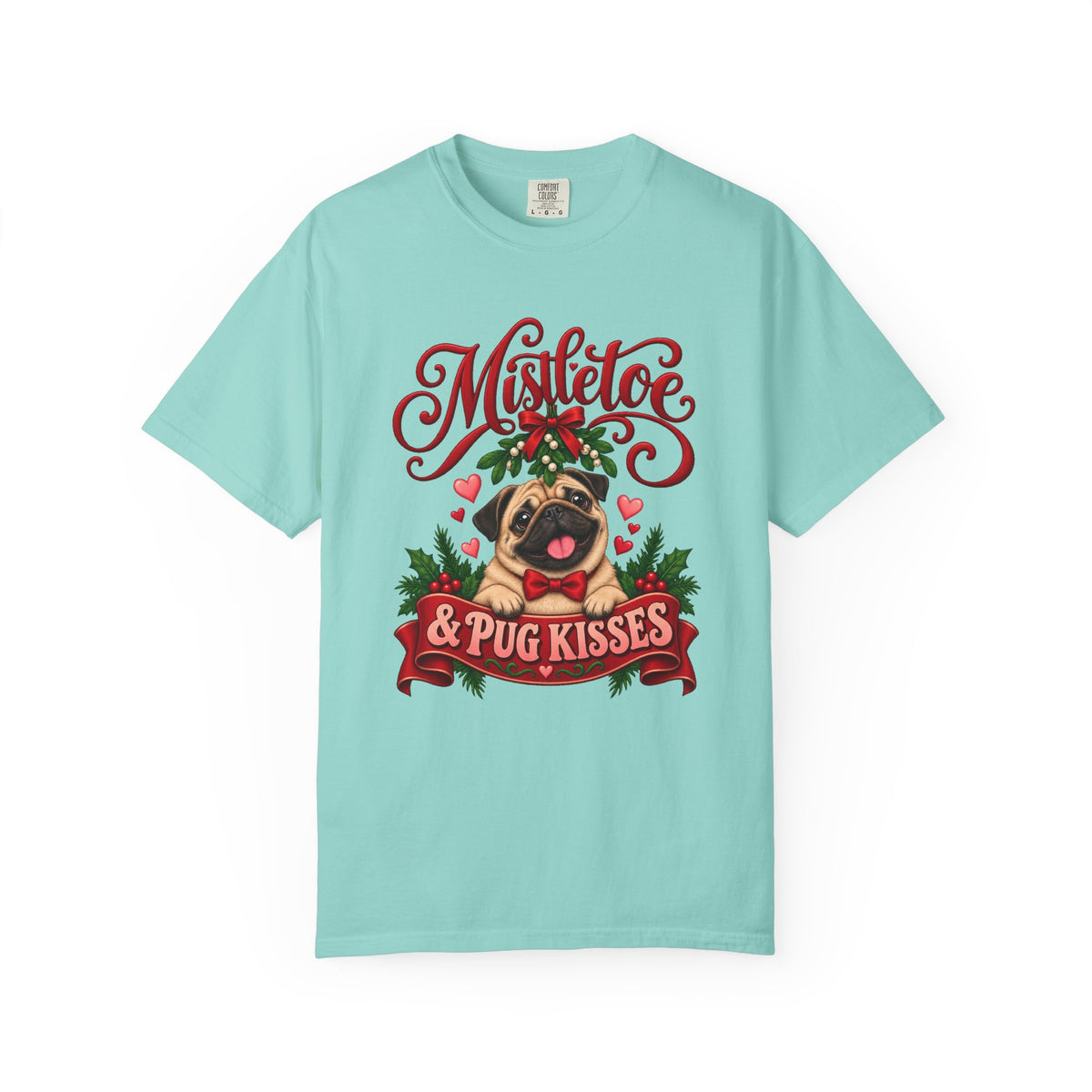 Mistletoe & Pug Kisses T-Shirt – Chalky Mint