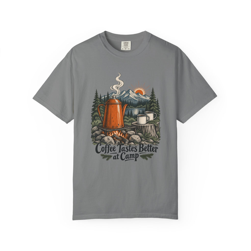 Coffee Tastes Better at Camp T-Shirt – Grey