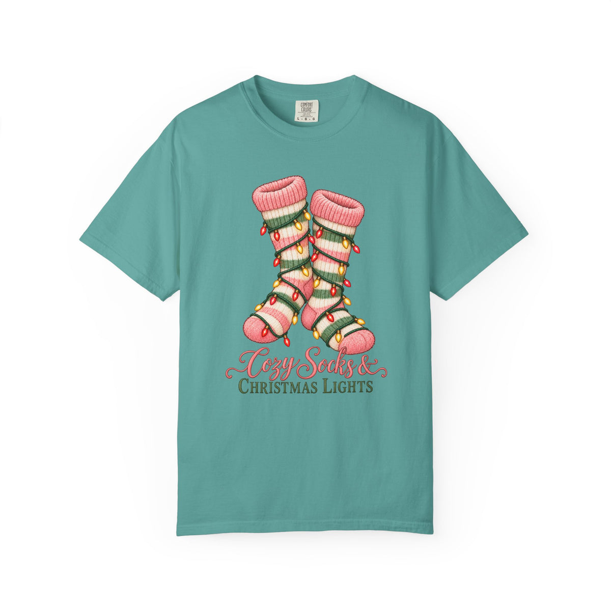 Cozy Socks & Christmas Lights T-Shirt – Seafoam
