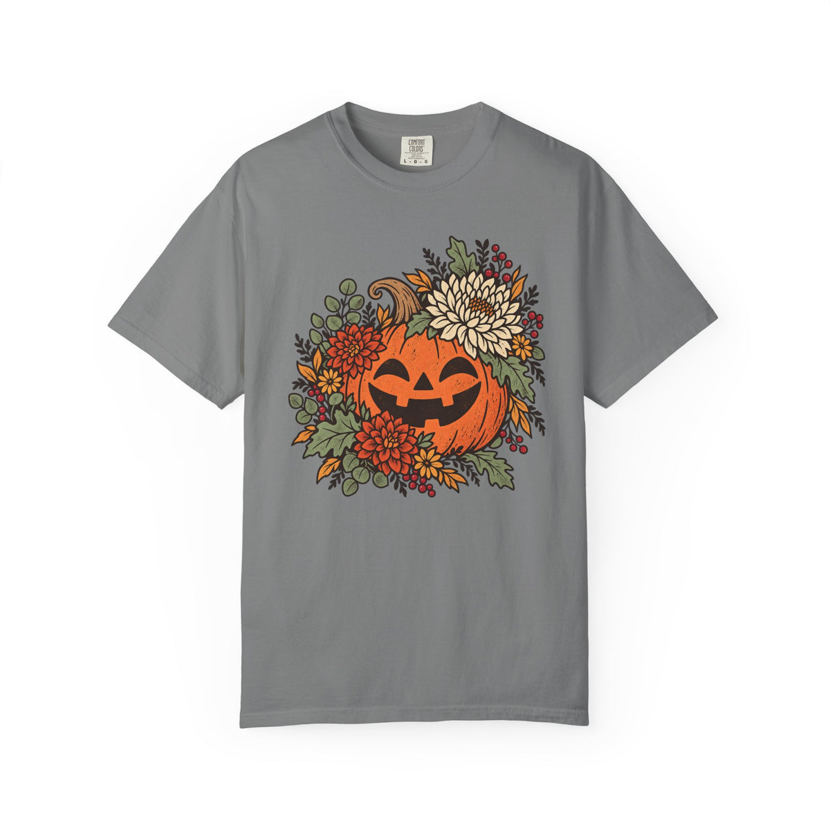 Pumpkin Jack-O'-Lantern Floral T-Shirt – Grey