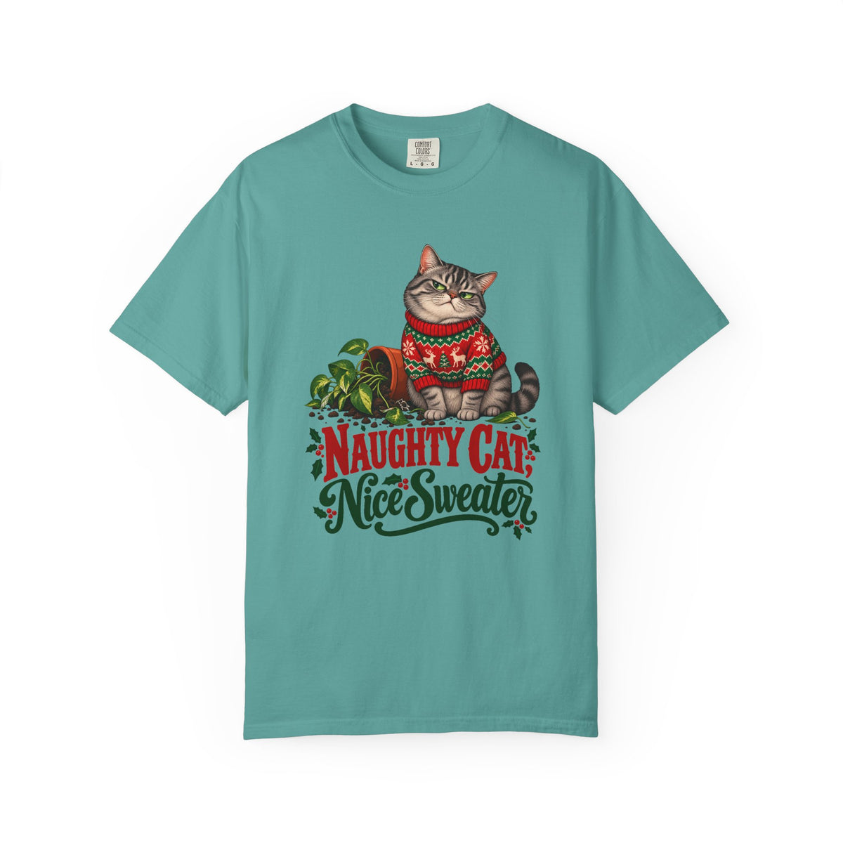 Naughty Cat, Nice Sweater T-Shirt – Seafoam