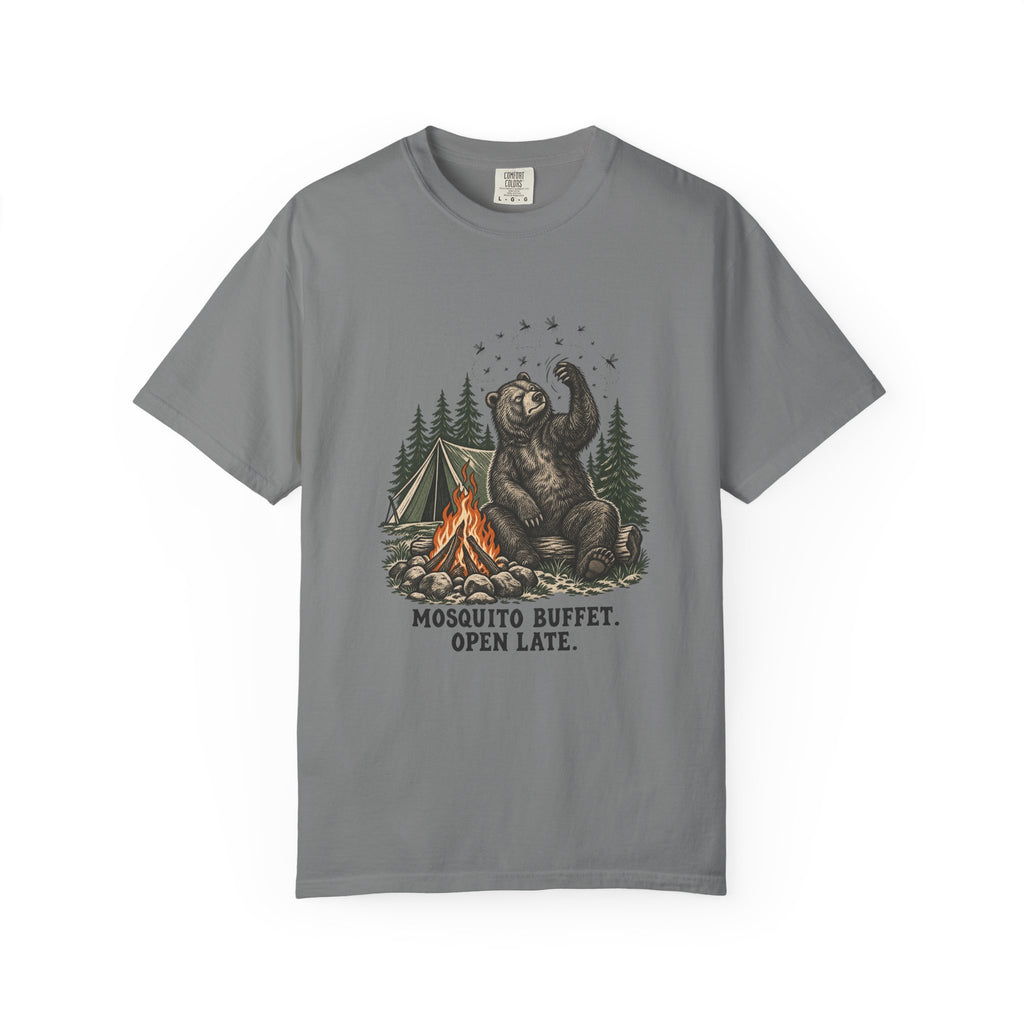 Mosquito Buffet. Open Late. T-Shirt – Grey