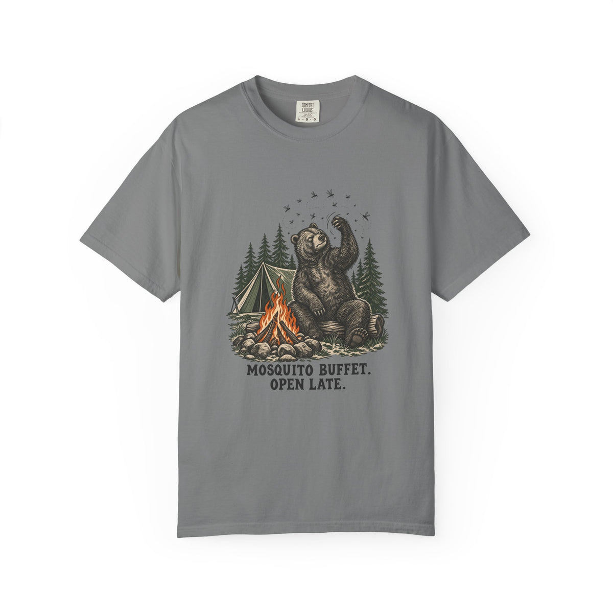 Mosquito Buffet. Open Late. T-Shirt – Grey