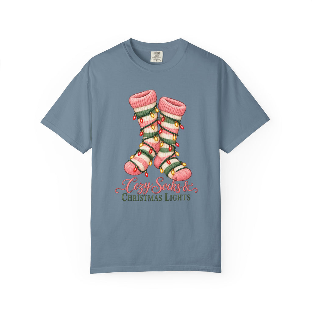 Cozy Socks & Christmas Lights T-Shirt – Ice Blue