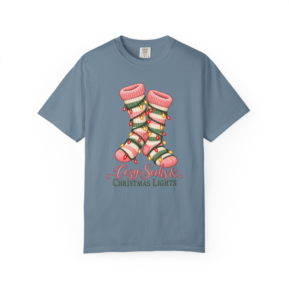 Cozy Socks & Christmas Lights T-Shirt – Ice Blue