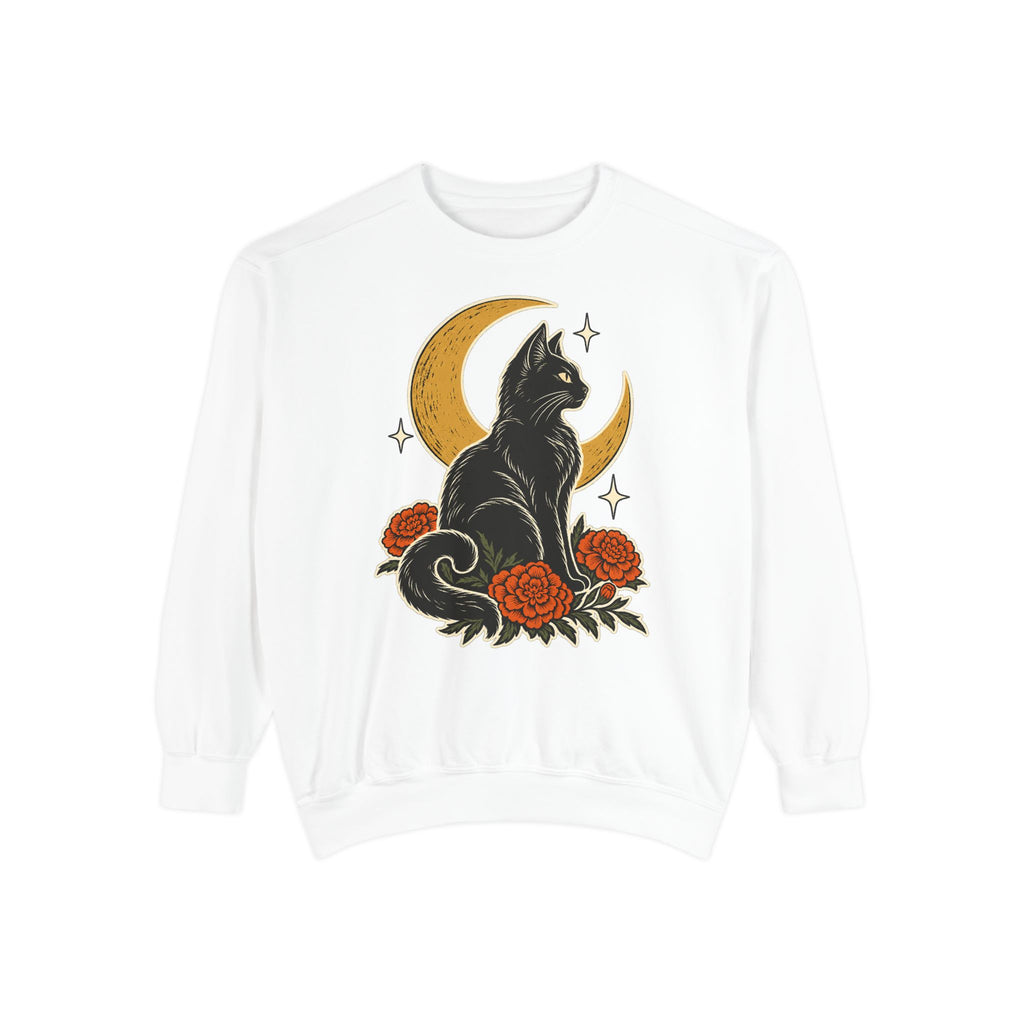 Moonlit Black Cat Sweatshirt – White