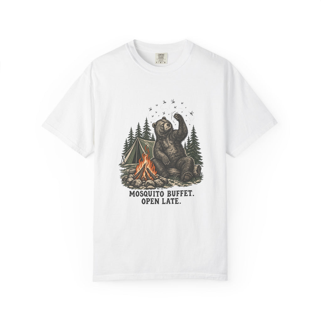 Mosquito Buffet. Open Late. T-Shirt – White