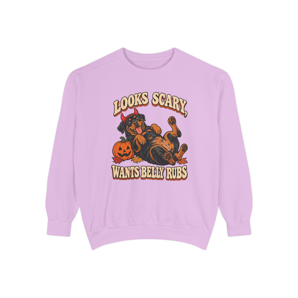 Looks Scary, Wants Belly Rubs Sweatshirt – Orchid