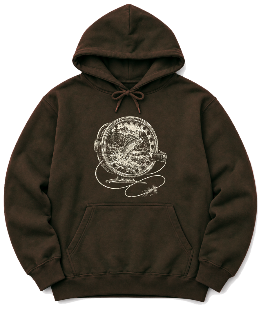 Fly Reel River Hoodie - Dark Chocolate