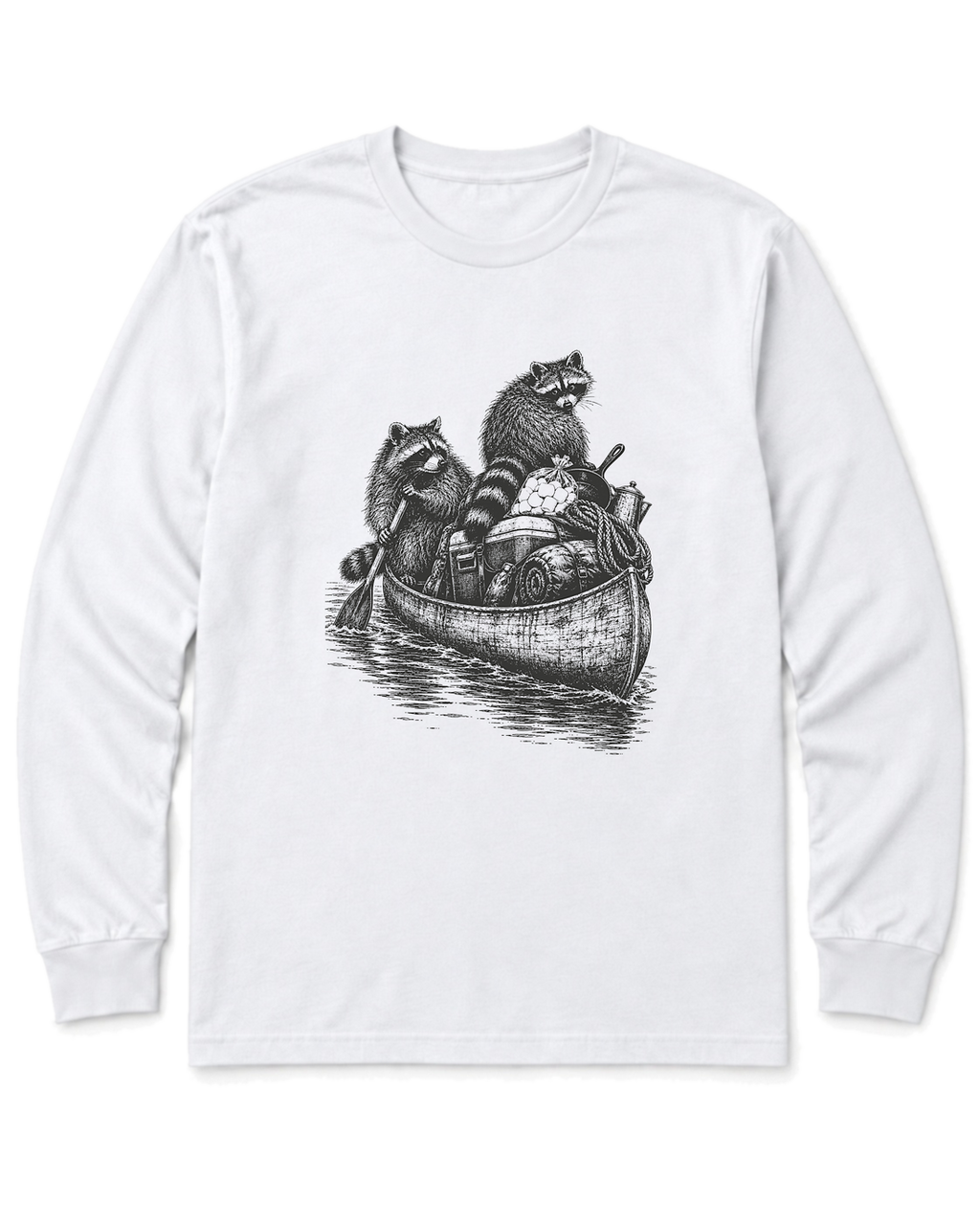 Raccoon Canoe Heist Long Sleeve Shirt - White