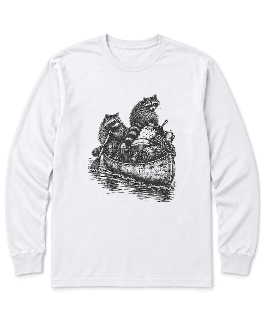 Raccoon Canoe Heist Long Sleeve Shirt - White