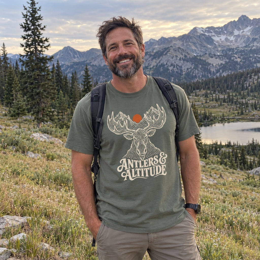 Man wearing the Antlers & Altitude T-shirt outdoors