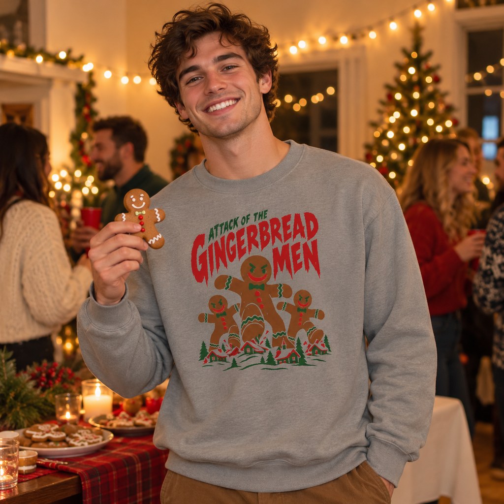 Attack of the Gingerbread Men Sweatshirt worn in a casual Christmas photo
