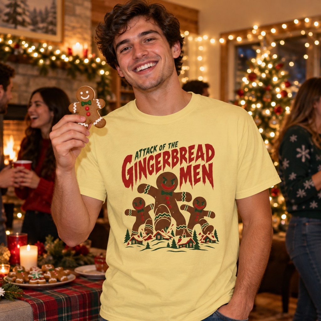 Attack of the Gingerbread Men T-Shirt worn in a casual Christmas photo