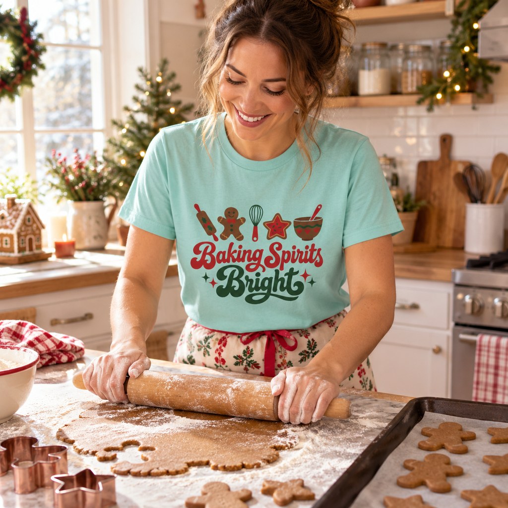 Baking Spirits Bright T-Shirt worn in a casual Christmas photo