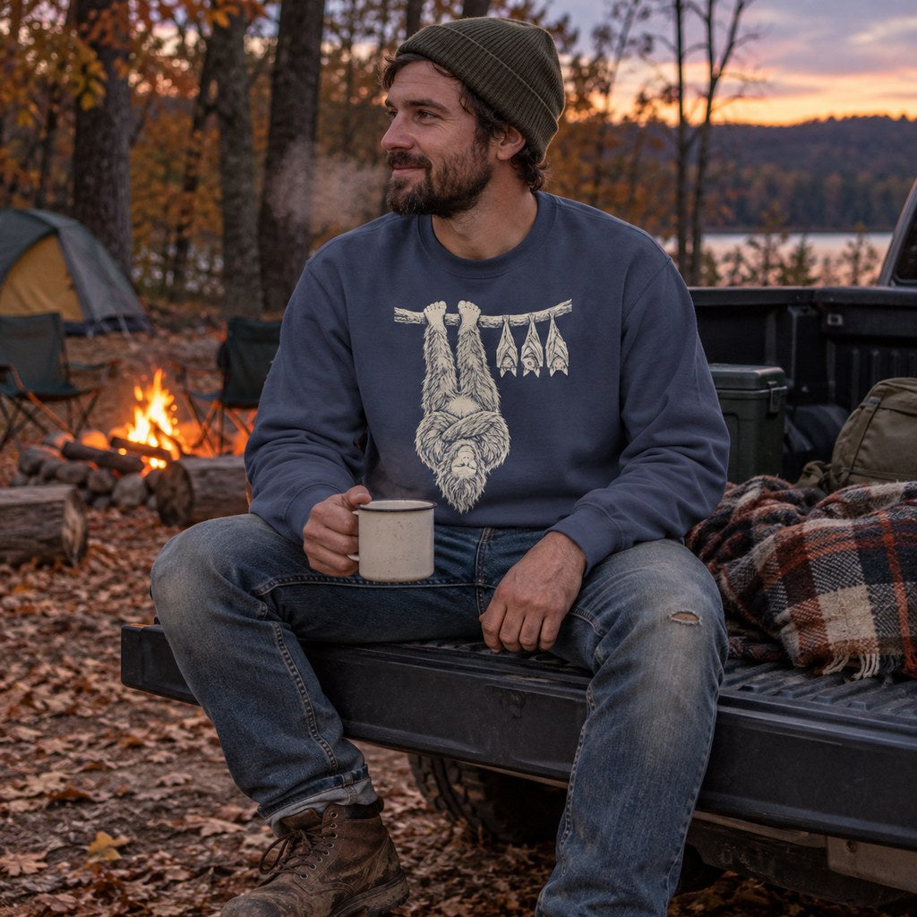 Person wearing the Bigfoot Hanging With Bats Sweatshirt