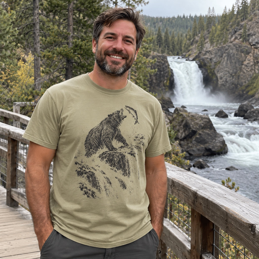 Bear at the Falls T-Shirt worn by a waterfall