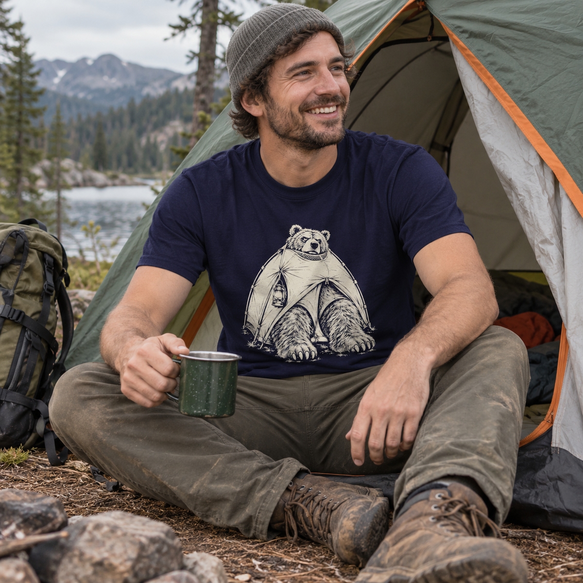 Hiker wearing the Bear in a Tiny Tent T-Shirt