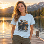 Woman wearing the Big Lake, Small Worries T-shirt on a lake dock