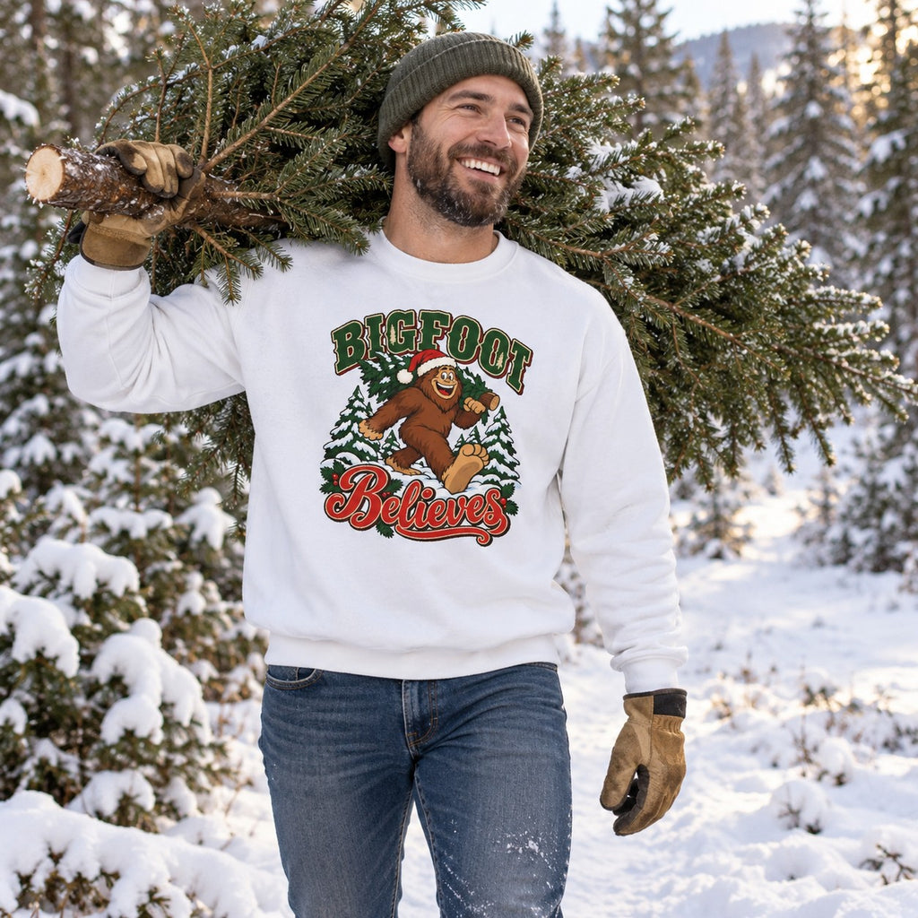 Bigfoot Believes Sweatshirt worn in a casual Christmas photo