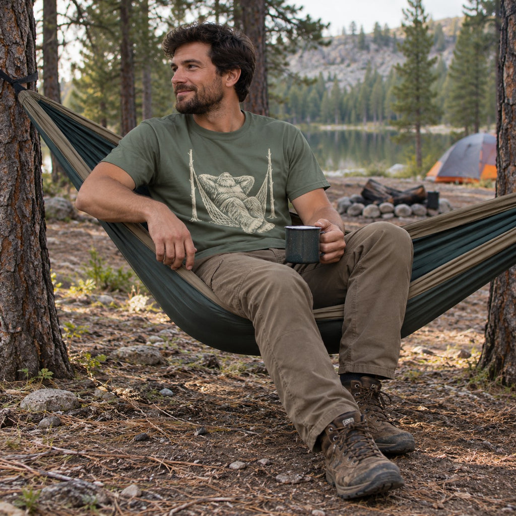 Man wearing the Bigfoot Hammock T-Shirt in a hammock