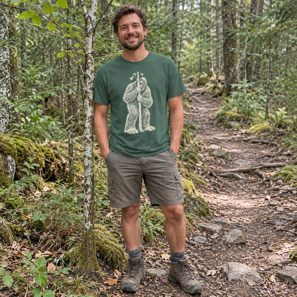 Man wearing the Bigfoot Hide and Seek T-Shirt on a forest trail