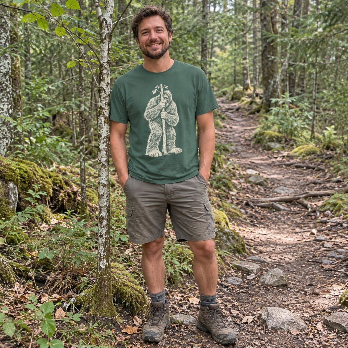 Man wearing the Bigfoot Hide and Seek T-Shirt on a forest trail