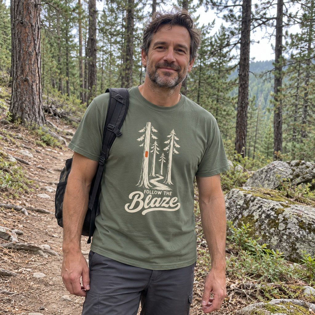 Man wearing the Follow the Blaze T-Shirt on a forest trail