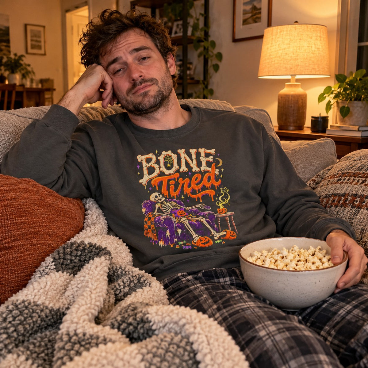 Bone Tired Sweatshirt worn casually