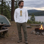 Man wearing the One More Trail long sleeve shirt at a campsite in the evening