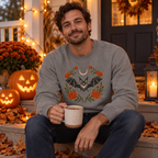 Man wearing the Botanical Bat Sweatshirt on a fall porch