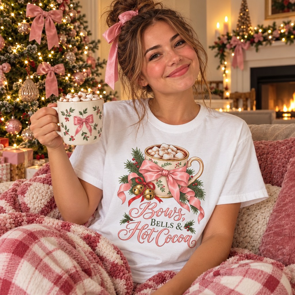 Bows, Bells & Hot Cocoa T-Shirt worn casually