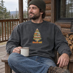 Man wearing the Branch Out crewneck sweatshirt on a cabin porch with a mug