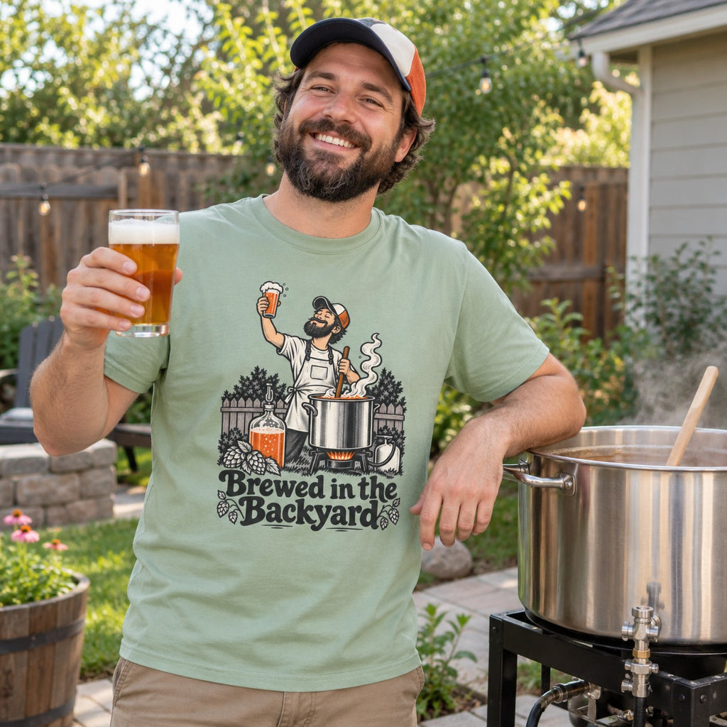 Man wearing the Brewed in the Backyard T-Shirt next to a brew kettle