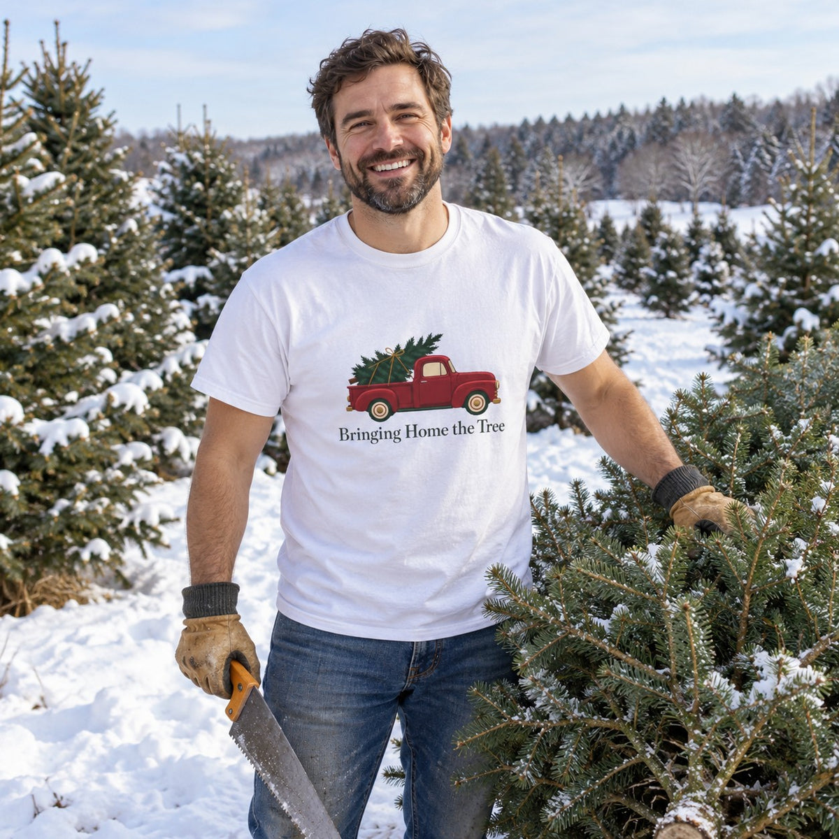 Bringing Home the Tree T-Shirt worn in a casual Christmas photo