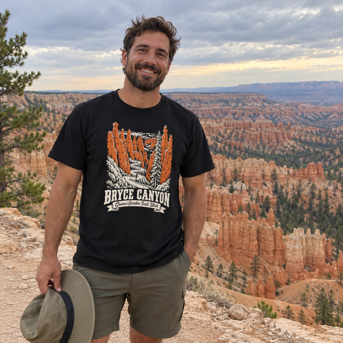 Man wearing the Bryce Canyon T-Shirt at a canyon overlook