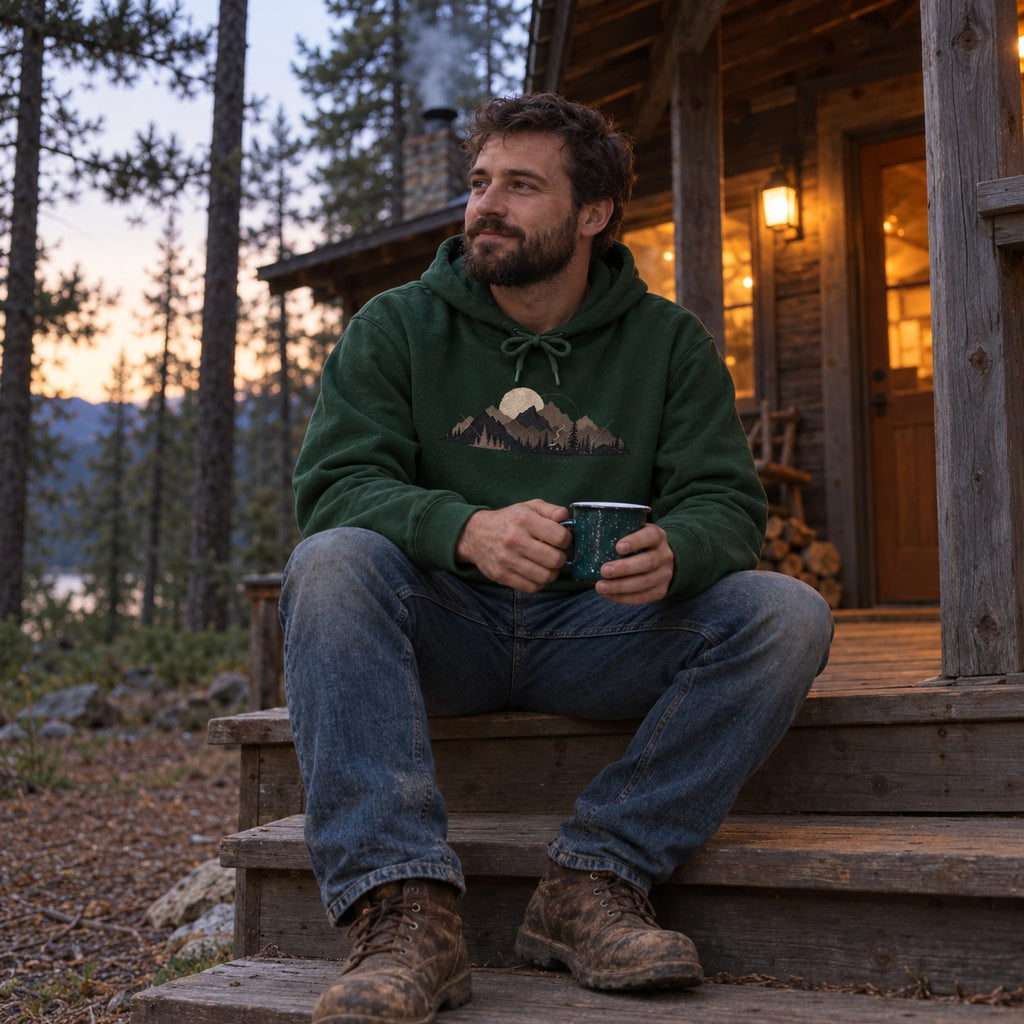 Man wearing the Cabin Smoke Hoodie in Forest Green on a cabin porch