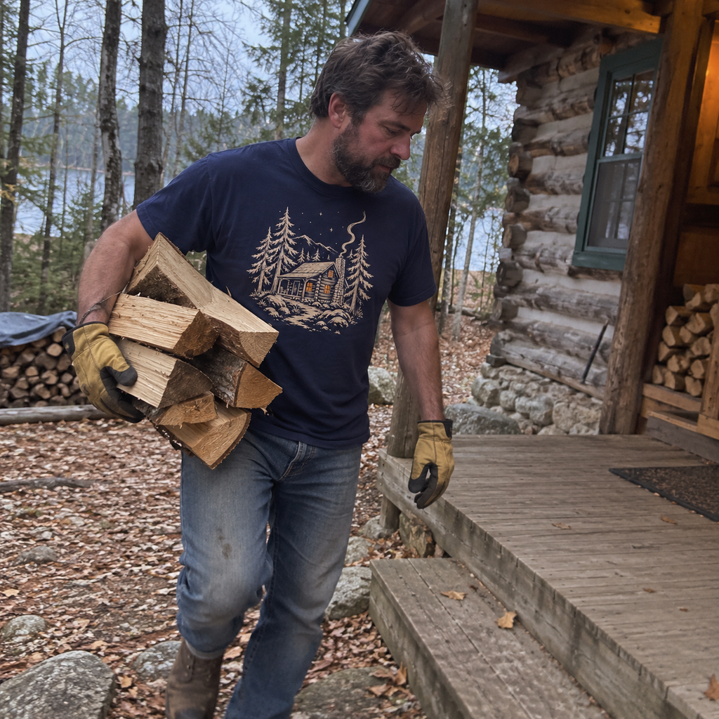 Cabin Glow T-Shirt worn outdoors