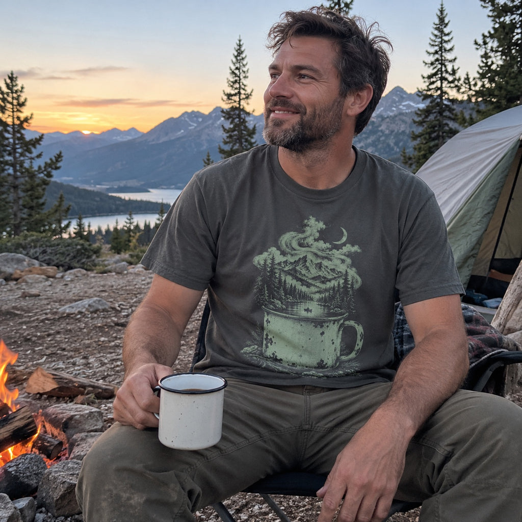 Camp Mug Wilderness T-Shirt worn at a campsite