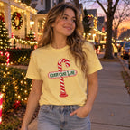 Candy Cane Lane T-Shirt worn in a casual Christmas photo