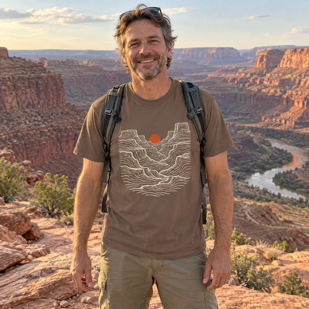 Man wearing the Canyon Sunset T-Shirt at a canyon overlook