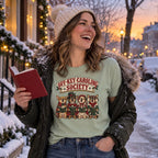 Off-Key Caroling Society T-Shirt worn in a casual Christmas photo