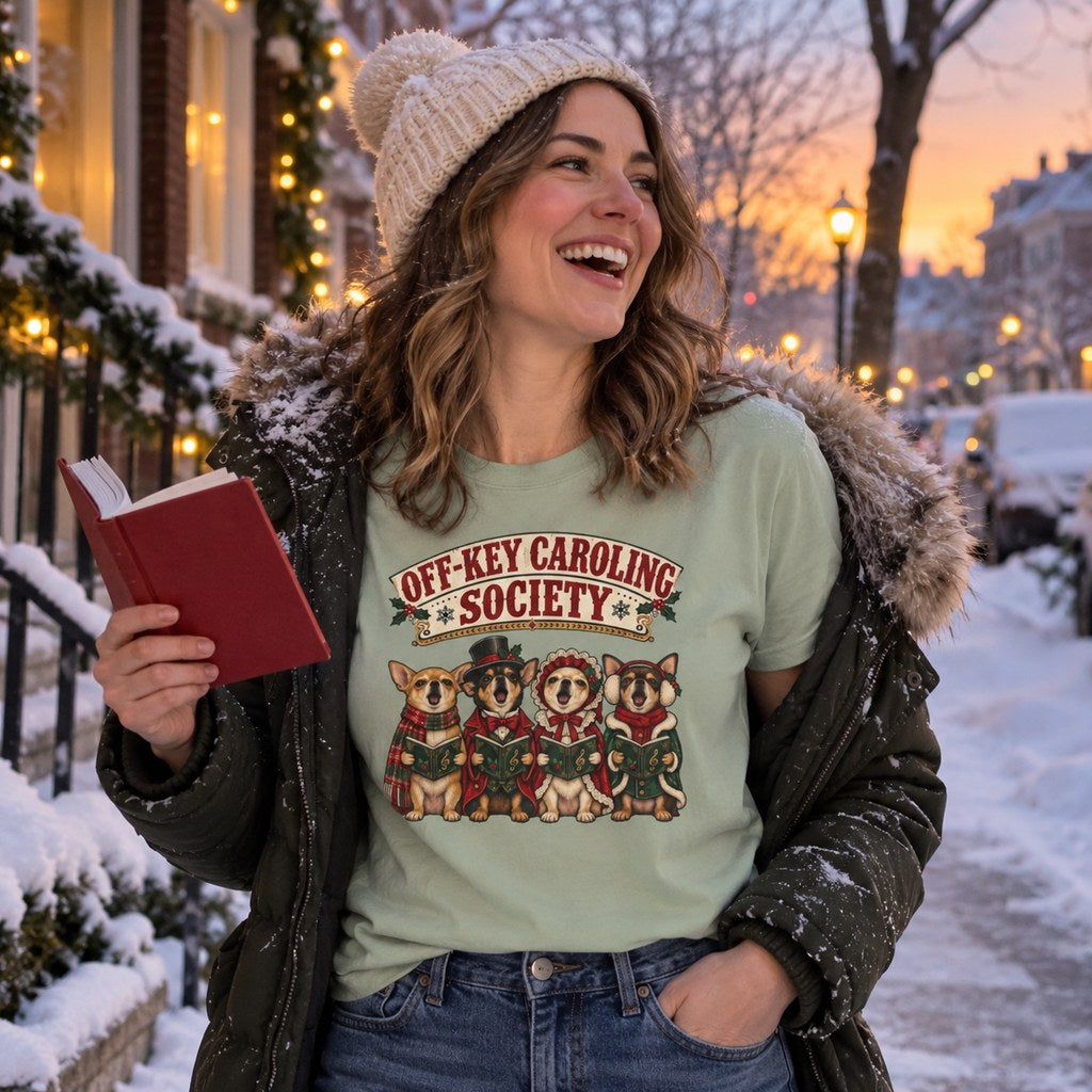 Off-Key Caroling Society T-Shirt worn in a casual Christmas photo