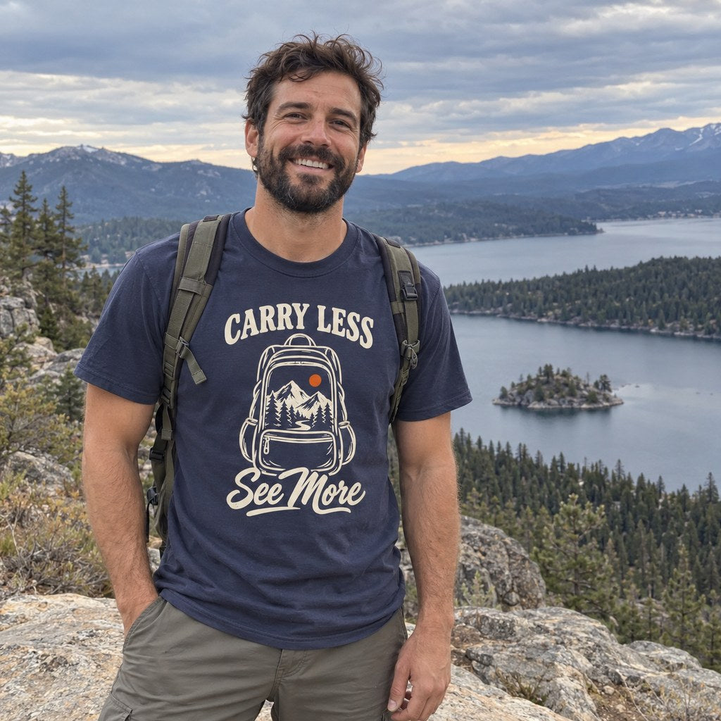 Man wearing the Carry Less, See More T-Shirt at a lake overlook