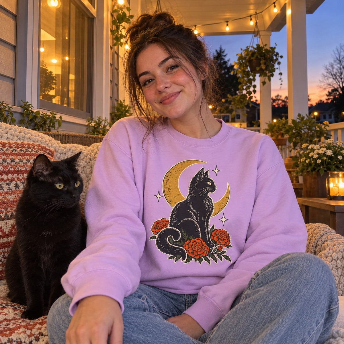 Person wearing the Moonlit Black Cat Sweatshirt
